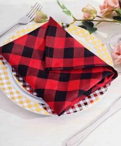 HIER_2210 5 Pack | Black/Red Buffalo Plaid Cloth Dinner Napkins, Gingham Style | 15"x15" Linen Napkins