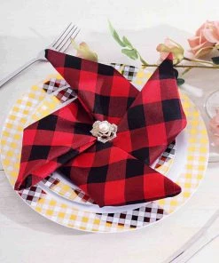HIER_2210 5 Pack | Black/Red Buffalo Plaid Cloth Dinner Napkins, Gingham Style | 15"x15" Linen Napkins