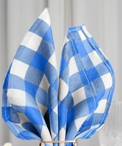 HIER_2210 Linen Napkins 5 Pack | Blue/White Buffalo Plaid Cloth Dinner Napkins, Gingham Style | 15"x15"