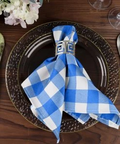 HIER_2210 Linen Napkins 5 Pack | Blue/White Buffalo Plaid Cloth Dinner Napkins, Gingham Style | 15"x15"