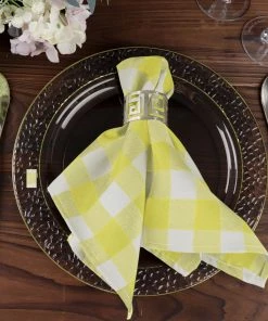 HIER_2210 5 Pack | Yellow/White Buffalo Plaid Cloth Dinner Napkins, Gingham Style | 15"x15"