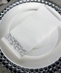 HIER_5470 Linen Napkins 20 Pack | Silver Foil White Airlaid Soft Linen-Feel Paper Dinner Napkins, Disposable Hand Towels - Scroll