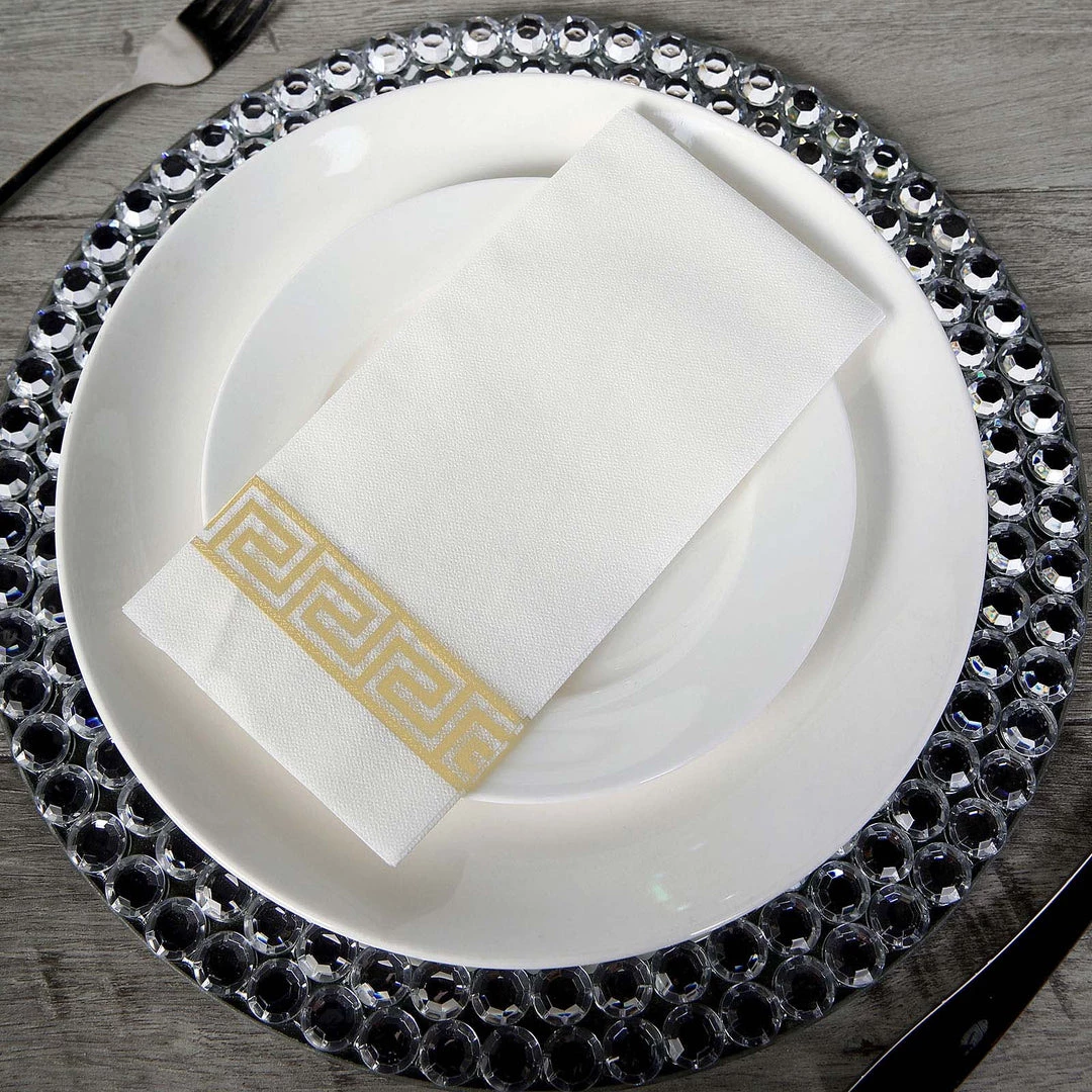 HIER_5470 20 Pack | Gold Foil White Airlaid Soft Linen-Feel Paper Dinner Napkins, Disposable Hand Towels - Greek Key 2 HIER_5470 20 Pack | Gold Foil White Airlaid Soft Linen-Feel Paper Dinner Napkins, Disposable Hand Towels - Greek Key