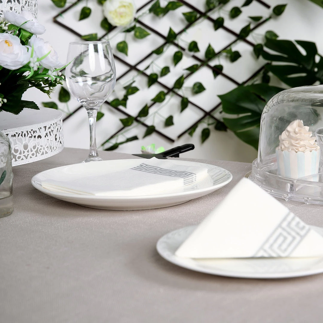 HIER_5470 20 Pack | Silver Foil White Airlaid Soft Linen-Feel Paper Dinner Napkins, Disposable Hand Towels - Greek Key 1 HIER_5470 20 Pack | Silver Foil White Airlaid Soft Linen-Feel Paper Dinner Napkins, Disposable Hand Towels - Greek Key