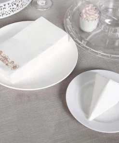 HIER_5470 20 Pack | Rose Gold Foil White Airlaid Soft Linen-Feel Paper Dinner Napkins, Disposable Hand Towels - Floral Scroll Linen Napkins
