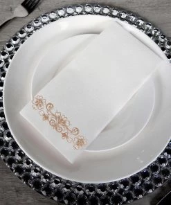 HIER_5470 20 Pack | Rose Gold Foil White Airlaid Soft Linen-Feel Paper Dinner Napkins, Disposable Hand Towels - Floral Scroll Linen Napkins