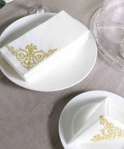 HIER_5470 Linen Napkins 20 Pack | Gold Foil White Airlaid Soft Linen-Feel Paper Dinner Napkins, Disposable Hand Towels - Fleur Vintage