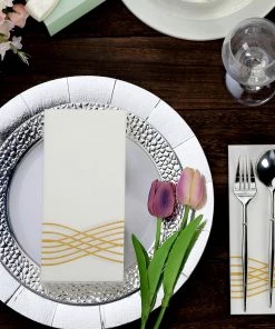 HIER_5470 20 Pack | Gold Foil White Airlaid Soft Linen-Feel Paper Dinner Napkins, Disposable Hand Towels - Wave Linen Napkins