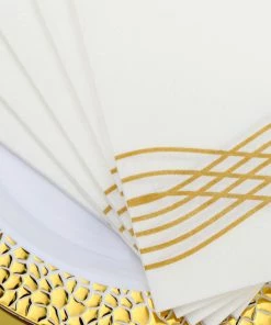 HIER_5470 20 Pack | Gold Foil White Airlaid Soft Linen-Feel Paper Dinner Napkins, Disposable Hand Towels - Wave Linen Napkins