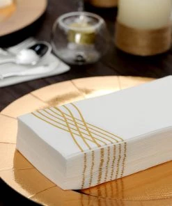 HIER_5470 20 Pack | Gold Foil White Airlaid Soft Linen-Feel Paper Dinner Napkins, Disposable Hand Towels - Wave Linen Napkins