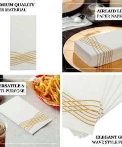HIER_5470 20 Pack | Gold Foil White Airlaid Soft Linen-Feel Paper Dinner Napkins, Disposable Hand Towels - Wave Linen Napkins