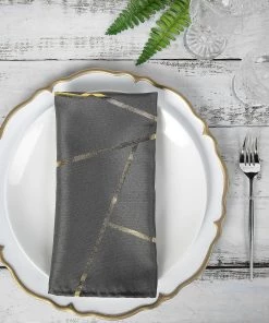 HIER_2210 Linen Napkins 5 Pack | Modern Charcoal Gray & Geometric Gold Cloth Dinner Napkins | 20