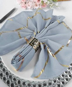HIER_2210 5 Pack | Modern Dusty Blue & Geometric Gold Cloth Dinner Napkins | 20"x20" Linen Napkins