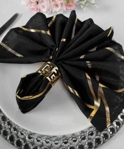 HIER_2210 5 Pack | Modern Black & Geometric Gold Cloth Dinner Napkins | 20"x20"