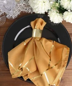 HIER_2210 5 Pack | Gold With Geometric Gold Foil Cloth Polyester Dinner Napkins | 20"x20"