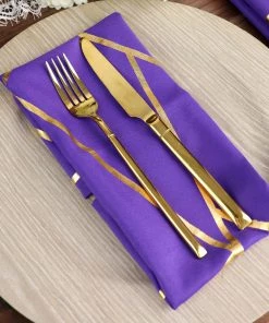 HIER_2210 5 Pack | Purple With Geometric Gold Foil Cloth Polyester Dinner Napkins | 20"x20" Linen Napkins