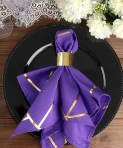 HIER_2210 5 Pack | Purple With Geometric Gold Foil Cloth Polyester Dinner Napkins | 20"x20" Linen Napkins