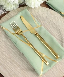 HIER_2210 5 Pack | Sage Green With Geometric Gold Foil Cloth Polyester Dinner Napkins | 20"x20"