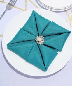 HIER_2210 Linen Napkins 5 Pack | Peacock Teal Seamless Cloth Dinner Napkins, Wrinkle Resistant Linen | 17