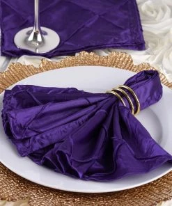 HIER_2210 Linen Napkins 5 Pack | Purple Pintuck Satin Cloth Dinner Napkins, Wrinkle Resistant | 17"x17"