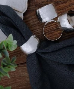 HIER_2310 Linen Napkins 4 Pack Metallic Silver Napkin Rings With Handcrafted Woven String Design