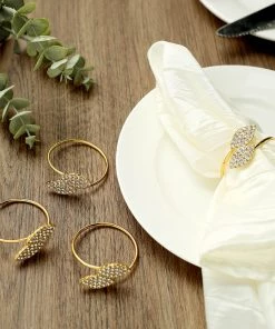 HIER_2310 Linen Napkins 4 Pack | Elegant Metallic Gold Napkin Rings, Linen Napkin Holders With Rhinestone Leaf Design