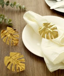 HIER_2310 Linen Napkins 4 Pack | Leaf Design Metallic Gold Napkin Rings, Linen Napkin Holders With Gold Tropical Leaf Decor