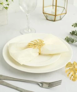HIER_2310 Linen Napkins 4 Pack | Leaf Design Metallic Gold Napkin Rings, Linen Napkin Holders With Gold Tropical Leaf Decor