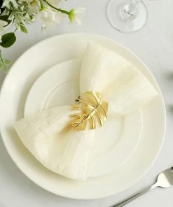 HIER_2310 Linen Napkins 4 Pack | Leaf Design Metallic Gold Napkin Rings, Linen Napkin Holders With Gold Tropical Leaf Decor