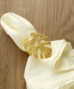 HIER_2310 Linen Napkins 4 Pack | Leaf Design Metallic Gold Napkin Rings, Linen Napkin Holders With Gold Tropical Leaf Decor