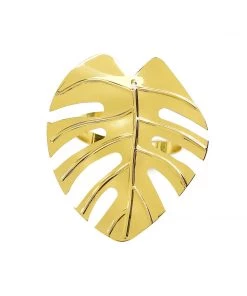 HIER_2310 Linen Napkins 4 Pack | Leaf Design Metallic Gold Napkin Rings, Linen Napkin Holders With Gold Tropical Leaf Decor