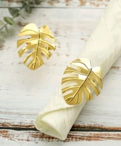 HIER_2310 Linen Napkins 4 Pack | Leaf Design Metallic Gold Napkin Rings, Linen Napkin Holders With Gold Tropical Leaf Decor