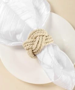 HIER_2310 4 Pack | Rustic Burlap Napkin Rings, Handmade Braided Jute Napkin Holders - Cream Linen Napkins