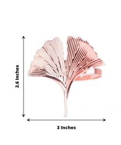 HIER_2310 4 Pack | Rose Gold Ginkgo Leaf Napkin Rings, Linen Napkin Holders - Metallic Ornate Design - Blush Linen Napkins