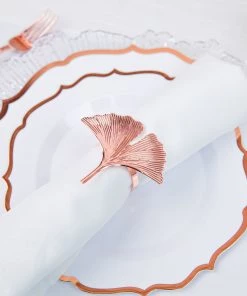 HIER_2310 4 Pack | Rose Gold Ginkgo Leaf Napkin Rings, Linen Napkin Holders - Metallic Ornate Design - Blush Linen Napkins