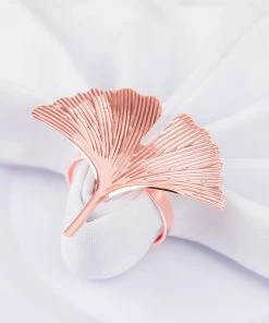 HIER_2310 4 Pack | Rose Gold Ginkgo Leaf Napkin Rings, Linen Napkin Holders - Metallic Ornate Design - Blush Linen Napkins