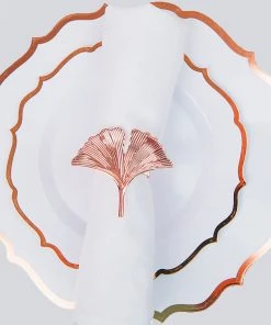 HIER_2310 4 Pack | Rose Gold Ginkgo Leaf Napkin Rings, Linen Napkin Holders - Metallic Ornate Design - Blush Linen Napkins