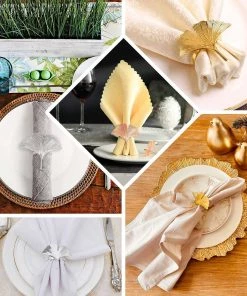 HIER_2310 4 Pack | Rose Gold Ginkgo Leaf Napkin Rings, Linen Napkin Holders - Metallic Ornate Design - Blush Linen Napkins