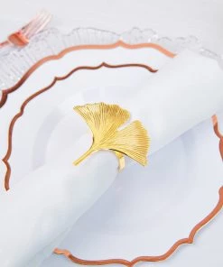 HIER_2310 4 Pack | Gold Ginkgo Leaf Napkin Rings, Linen Napkin Holders - Metallic Ornate Design