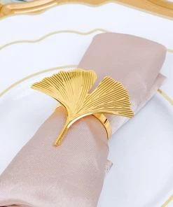 HIER_2310 4 Pack | Gold Ginkgo Leaf Napkin Rings, Linen Napkin Holders - Metallic Ornate Design