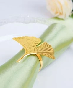 HIER_2310 4 Pack | Gold Ginkgo Leaf Napkin Rings, Linen Napkin Holders - Metallic Ornate Design