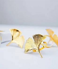 HIER_2310 4 Pack | Gold Ginkgo Leaf Napkin Rings, Linen Napkin Holders - Metallic Ornate Design