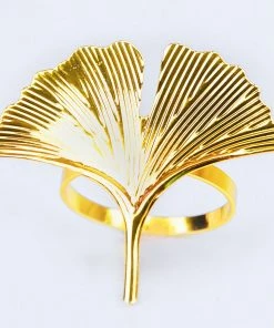 HIER_2310 4 Pack | Gold Ginkgo Leaf Napkin Rings, Linen Napkin Holders - Metallic Ornate Design