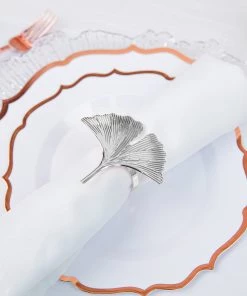 HIER_2310 4 Pack | Silver Ginkgo Leaf Napkin Rings, Linen Napkin Holders - Metallic Ornate Design Linen Napkins