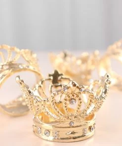 HIER_2310 Linen Napkins 4 Pack | Metallic Gold Crown Rhinestone Napkin Rings, Royal Bling Napkin Holders