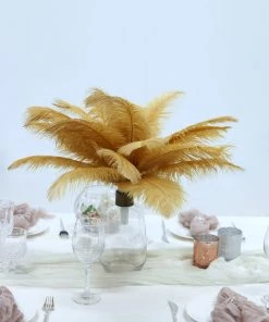 HIER_5180 12 Pack | 13"-15" Gold Natural Plume Real Ostrich Feathers Vase Centerpiece