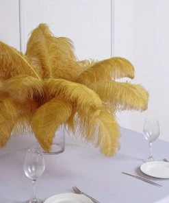 HIER_5180 Set Of 12 | 24"-26" Gold Natural Plume Ostrich Feathers Centerpiece Chargers & Centerpieces