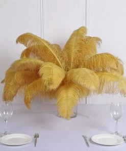 HIER_5180 Set Of 12 | 24"-26" Gold Natural Plume Ostrich Feathers Centerpiece Chargers & Centerpieces