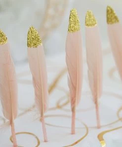 HIER_5180 Chargers & Centerpieces 30 Pack | Glitter Gold Tip Blush Real Turkey Feathers | Craft Feathers For Party Decoration