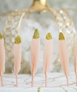 HIER_5180 Chargers & Centerpieces 30 Pack | Glitter Gold Tip Blush Real Turkey Feathers | Craft Feathers For Party Decoration